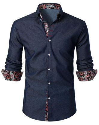 PARKLEES Mens Hipster Paisley Patchwork Design Slim Fit Long Sleeve Button Up Chambray Dress Shirts PPPA279-Navy Blue XXL