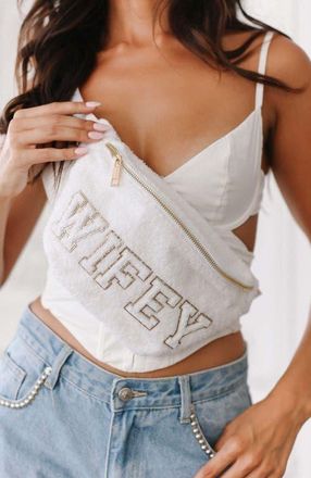 Untamed Petals WIFEY Varsity Belt Bag in Ivory at Nordstrom