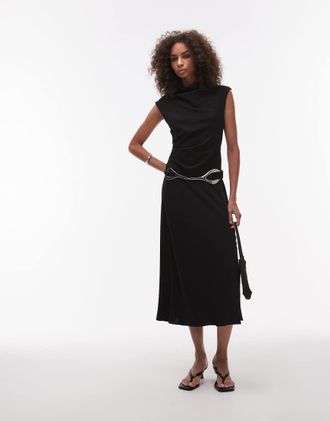 Mango gathered waist detail midaxi dress in black