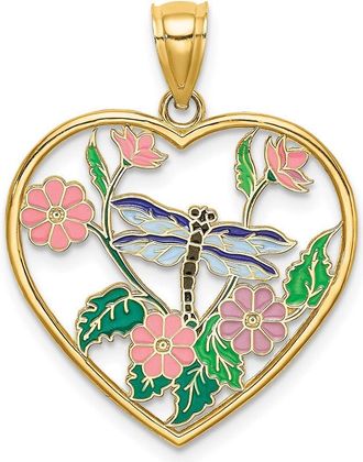 Diamond2Deal 14k Yellow Gold Enamel Dragonfly and Flower in Heart Charm Pendant
