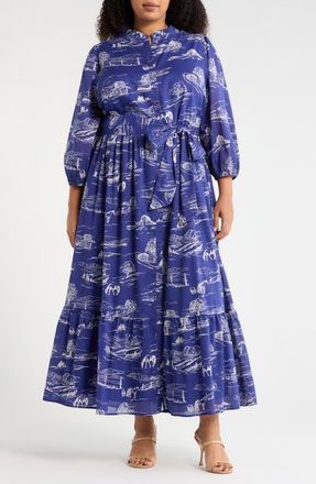 Sugarlips Avon Town & Bridge Print Maxi Dress in Navy-Cream at Nordstrom, Size 2X