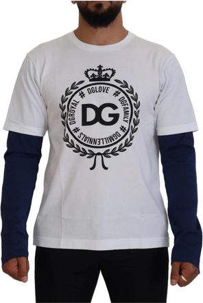 Dolce & Gabbana Witte Blauwe Crown Trui - Heren - Ronde hals truien - Wit - L - Katoen - Truien & Vesten