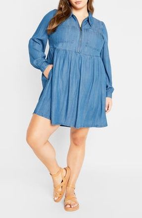 City Chic Brayden Long Sleeve Denim Minidress in Mid Wash at Nordstrom Rack, Size Xxs/12W