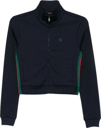 Gucci Rib Cotton Jersey Zip Sweatshirt - Dames - Vesten met rits - Blauw - S - Katoen - Hoodies & sweatvesten
