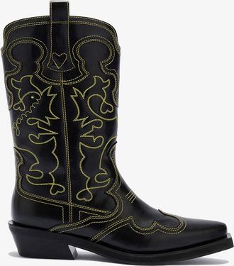 Ganni Mid Shaft Embroidered Western Boots - Size 36 Yellow