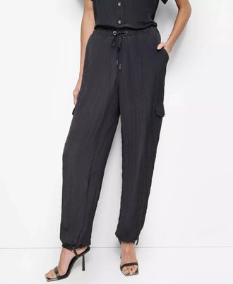 DKNY Tie-Waist High-Rise Crinkled Jogger Cargo Pants In Black