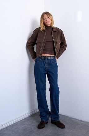 Topshop Mock Neck Long Sleeve Rib Top in Brown at Nordstrom, Size Medium