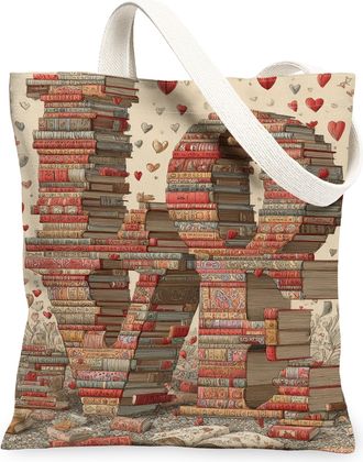 Generic ValentineS Day Love Books Canvas Tote Bags, Heart Pattern Reusable Bags, Vintage Artistic Lightweight Washable Shoulder St, Beige, 13x15 Inch