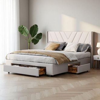 OEM Cama 160x200 Cm - 231205tt - Dise&ntilde;o Minimalista Moderno - Tejido De Lino - Cama Doble - Marco De Cama Para Adultos 160x200 Cm - Beige