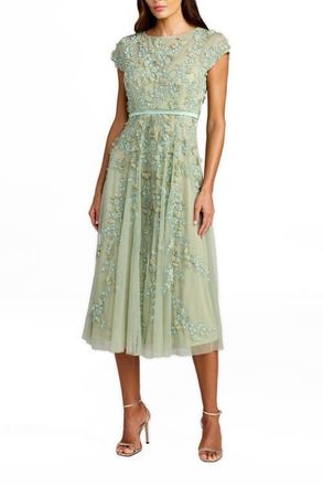 Mac Duggal Petite Floral Embellished Cap Sleeve Midi Dress in Sage at Nordstrom, Size 10