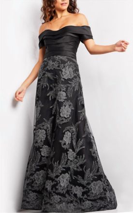 Jovani Off The Shoulder A Line Gown In Black