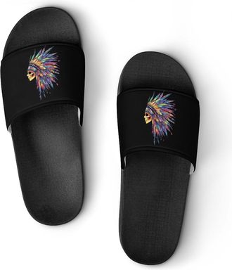 Generic Native Indian Chief Skull Shower Shoes Slipper for Women Men Beach Slippers Quick Drying Non Slip Open-Toe Sandals
