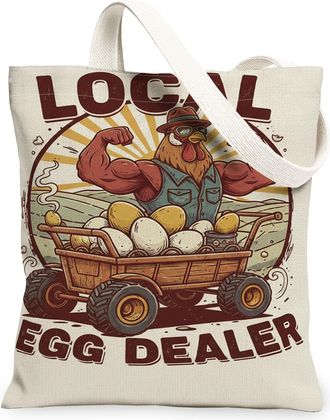 Generic Local Chicken Tote Bags, Funny Farmyard Design Reusable Grocery Bags, Rustic Lightweight Washable Canvas for Shopping Outdo, Beige, 13x15 Inch