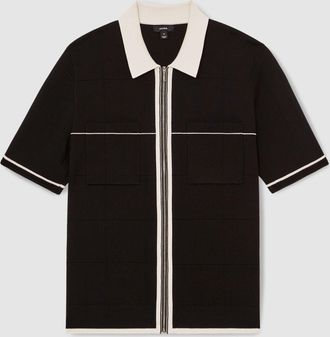 Reiss Black & stone Compact-knit Tipped Zip-through Shirt, L