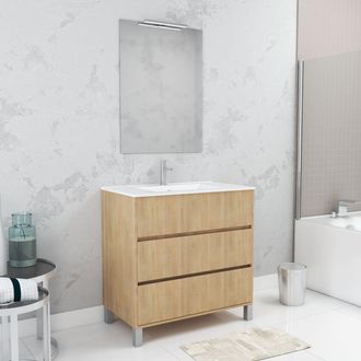 Aurlane Aurlane - Pack Mueble De Ba&ntilde;o 80 Cm Roble Claro 3 Cajones, Lavabo, Espejo 60x80 Y Aplique Led
