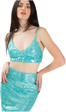 P.A.R.O.S.H. Cropped V-hals Paillettentop - Dames - Tops zonder mouwen - Blauw - S - Pailletten - Tops