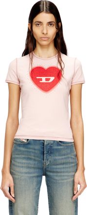 Diesel Slim T-shirt with heart print and studs - T-Shirts - Woman - Pink