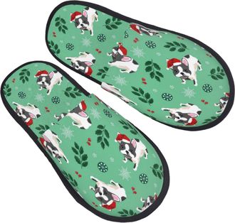 Generic Home Slippers Christmas French Bulldog Fuzzy Slippers Plush Non Slip Slides For Winter Bedroom Spa M