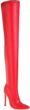 Generic Red,3.5 UK,Womens Over The Knee Boots Leather PU Pointed Toe Stiletto High Heel Thigh High Boot Side Zipper Fall Comfy Long Boot Party Dress Shoes
