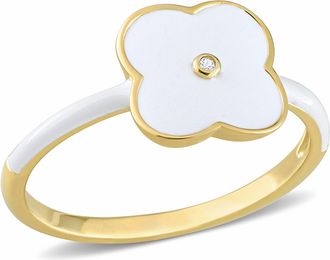 Mimi & Max Created White Sapphire Floral White Enamel Ring in Yellow Plated Sterling Silver
