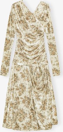 Ganni Golden Floral Ruched Dress - Size 36 Beige