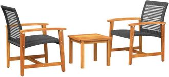 vidaXL 3 Piece Bistro Set Black Poly Rattan and Acacia Wood Vidaxl