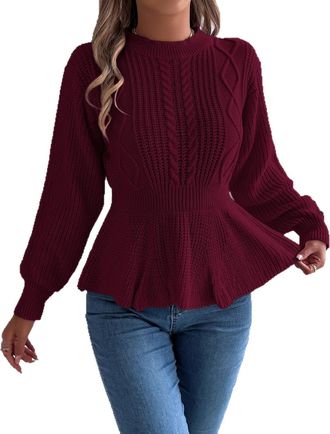 Generic Cable Knit Peplum Fairisle Tunic Jumper Crew Neck Long Sleeve Sweaters for Women UK with Ruffled Hem and Waist-Cinching Comfortable Everyday Wear L Wi