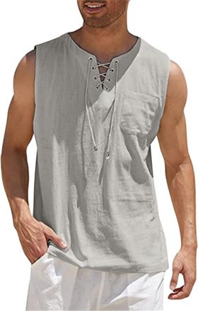Generic Mens Vests Cotton Hemp Plain Sleeveless T Shirt Grandad Collar Tank Top Singlet Lace Up Placket Vest Moisture Breathable Comfortable Fabric Gym Vest L