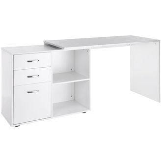 OEM Scrivania Angolare Per Pc Con 2 Cassetti E Ripiani Aperti, Scrivania Ad Angolo Forma A L In Legno E Metallo, 117x83.5x76 Cm, Bianco