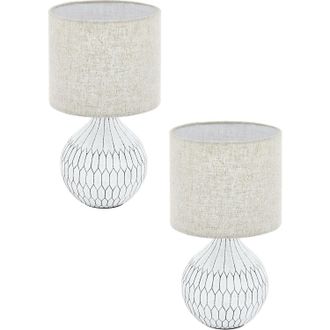 Loops 2 PACK Table Lamp White Patterned Base Shade Light Brown Fabric Linen E27 1x40W