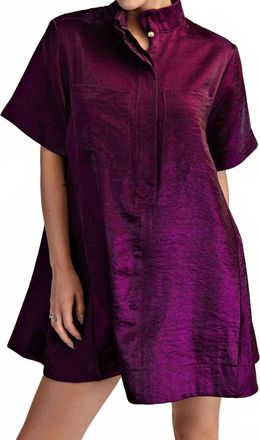 Glam Button Front Short Sleeve Mini Dress In Plum
