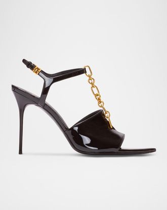 Balmain Sync Patent Leather Chain T-Strap Stiletto Sandals