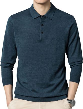 Generic Mens Polo Wool Knit Long Sleeve Buttons Sweaters Casual Turn Down Collar Wool Knit Shirts Black Blue S