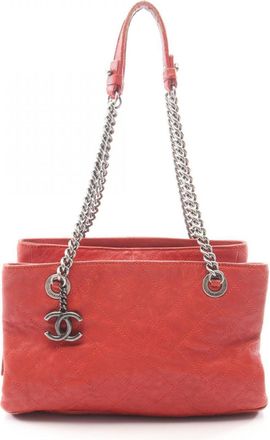Chanel Red Color Grained Calfskin Handbag Tote Bag (Pre-Owned)