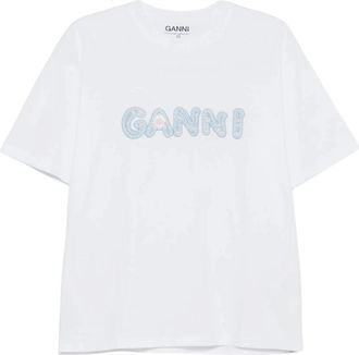 Ganni Tops, Dames, Wit, S, Katoen, Katoenen T-shirt Met Logo Op De Borst