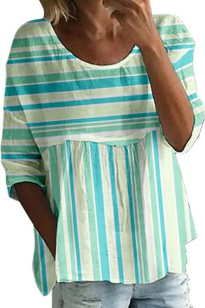 Generic Cotton Blouses for Women UK, Linen Tops for Women UK, 3/52 Sleeve Crew Neck Boho T-Shirts Elegant Floral Print Blouses Breathable Lightweight Shirts B