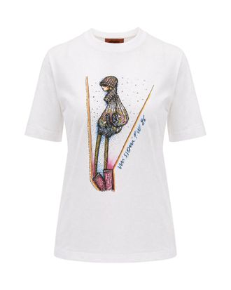 Missoni Ribbed Crew Neck Colorful Illustrated Print Cotton T-Shirt
