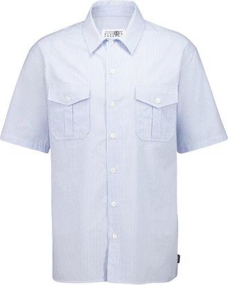 Maison Margiela Gestreepte Katoenen Shirt met Korte Mouwen - Heren - Korte mouwen Overhemden - Blauw - L - Katoen - Overhemden