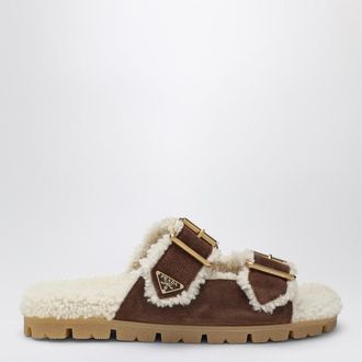 Prada Brown suede and shearling slides