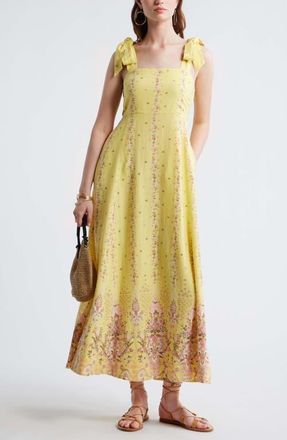 Treasure & Bond Floral Linen Blend Maxi Sundress in Yellow- Purple Blossom Border at Nordstrom, Size Xx-Large