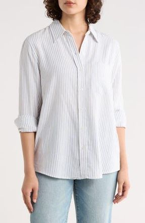 Three Dots Relaxed Fit Linen Blend Button-Up Shirt in Dazzling Blue Brianna Stripe at Nordstrom Rack, Size X-Large