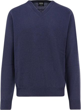 Ermenegildo Zegna Blauwe Kasjmier V-hals Trui - Heren - Cashmere truien - Blauw - L - Kasjmier - Truien & Vesten