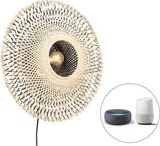 QAZQA Oriental L&aacute;mpara De Pared Inteligente De Bamb&uacute; 50 Cm Con Enchufe Incl. Wifi A60 - Rina Bamb&uacute; /acero Redonda Adecuado Para Led Max. 1 X 4.9 Watt - Qazq