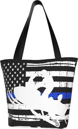 AOOEDM Thin Blue Line American Flag Platinum Snowmobile Reusable Tote Bag Women Casual Handbag Shoulder Bags for Shopping Groceries Travel Outdoors