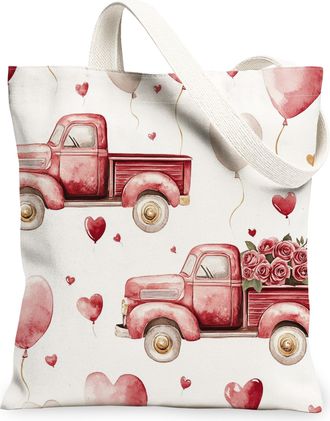 Generic Valentines Day Floral Canvas Tote Bags, Retro Truck Pattern Reusable Grocery Bags, Lightweight Washable Canvas for Travel Picnic 13x15 Inch