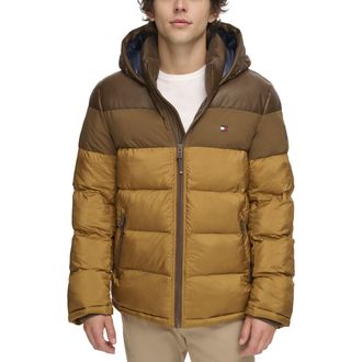 Tommy Hilfiger Mens Hooded Puffer Jacket (Standard and Big & Tall) Down Alternative Coat, Brown Color Block, L