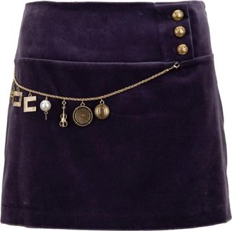 Elisabetta Franchi Gouden Knoop Minirok met Bedel - Dames - Korte rokken - Paars - S - Katoen - Rokken