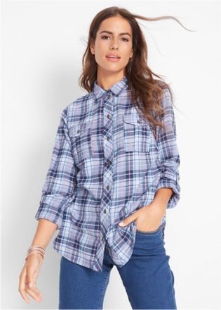 Bonprix Flanellhemd BONPRIX, Damen, Gr. 50, N-Gr, blau (blau, rosa kariert), Web, Obermaterial: 100% Baumwolle. Besatz: 100% Baumwolle, kariert, loose fit nor