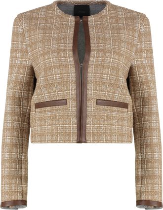 Pinko Womens Finale Tweed Jacket With Faux Leather Details Beige Polyester