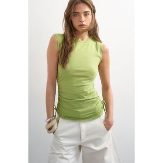 Topshop Drawstring Ruched Stretch Cotton Tank in Lgreen at Nordstrom, Size X-Small